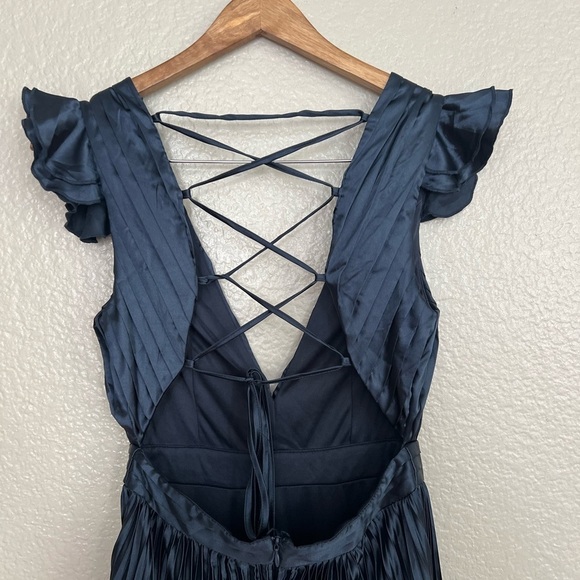 NWOT Exceptional Drama Navy Blue Satin Lace-Up Pleated Maxi Dress - Picture 6 of 11